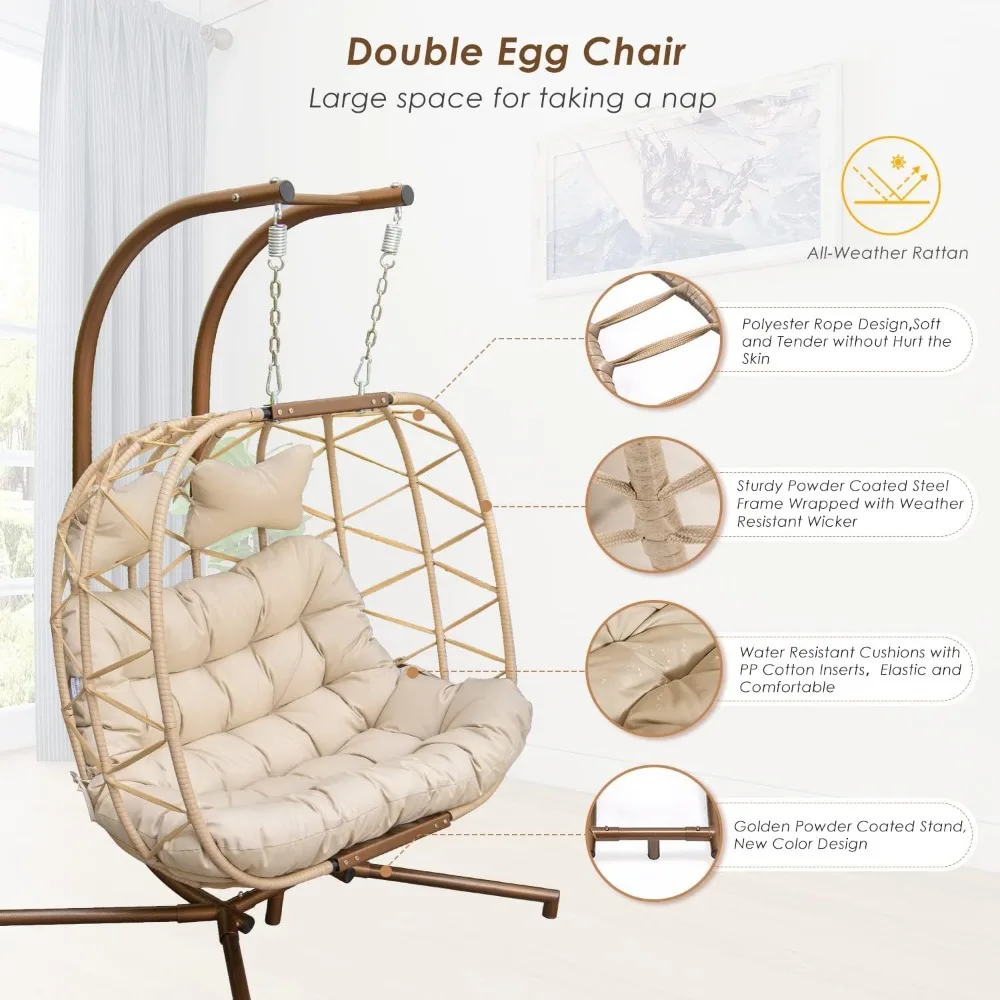 Double Swing Egg Chair with Stand, 2 Person Indoor Outdoor Patio Twins Basket Hanging Chair with Beige Cushions, Egg Chair