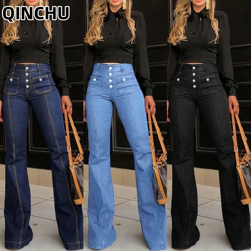 

QINCHU 2026 New Cotton High Waisted Women's Jeans Slim Fit Flared Pants Long Pants