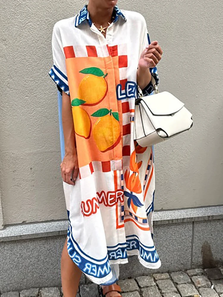 夏カジュアル半袖パーティードレスエレガントなレモンプリントルーズシャツドレス女性のファッションラペル襟ボタンロングドレス
