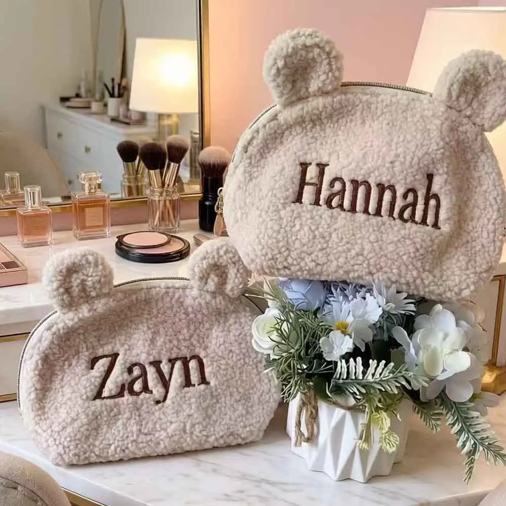 Personalized Teddy Sherpa Large Cosmetic Bag Custom Makeup Travel Bag Bridesmaids Wedding Favor Gifts