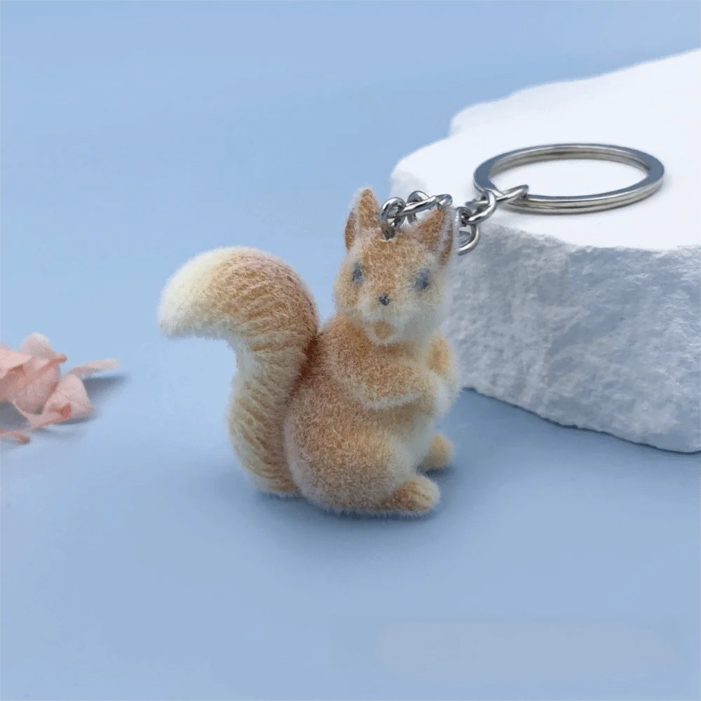 Cartoon 3D Flocking Squirrel Pendant Handmade Craft Supply Mini Cartoon Squirrel Charm DIY Surface Charm Pendant Bag Accessory