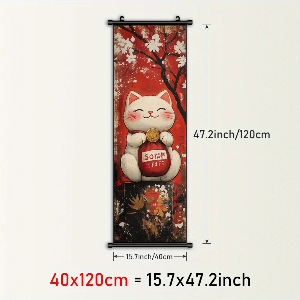 VIKAMA Lucky Cat Wall Art Canvas Scroll Painting Japanese Feng Shui Decor with Frame Hook Anime Home Bedroom Living Room Gift