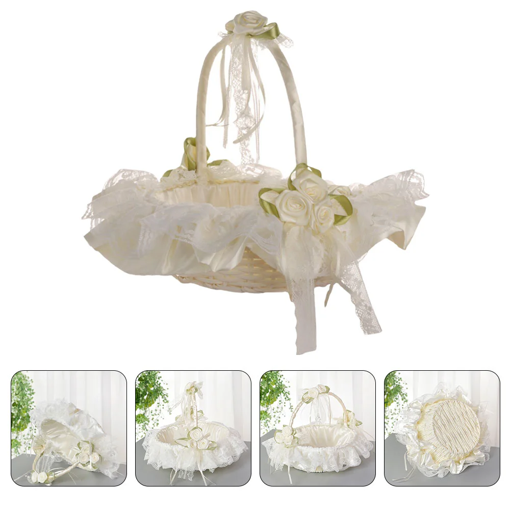 

Picnic Basket Flower Girl Hand Bridesmaid Baskets for Gifts Lace Petals Weddings