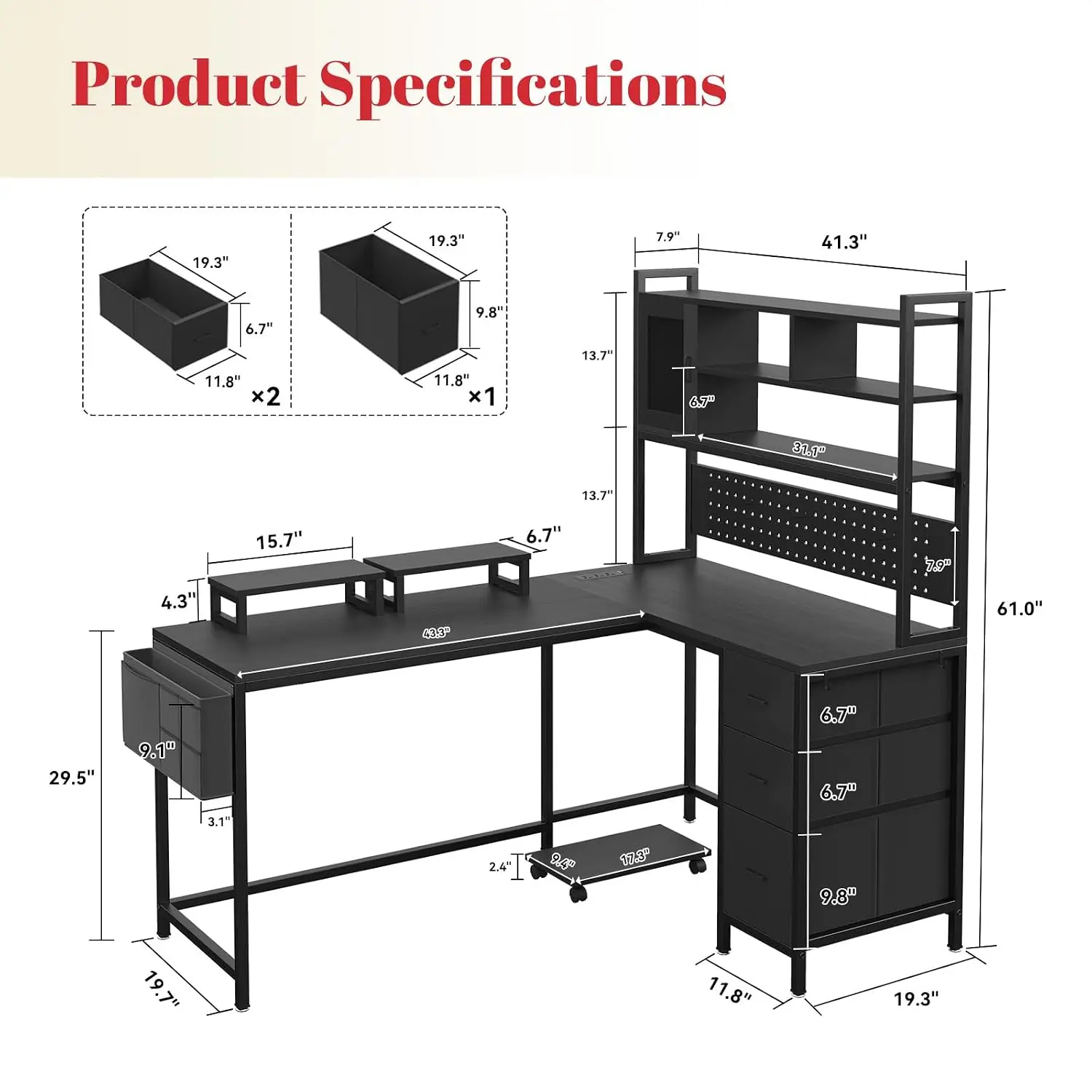 L-Shaped Desk with Charging Station & LED, Gaming Desk with Pegboard & 3 Drawers, Monitor Stand for Home Office, Customized