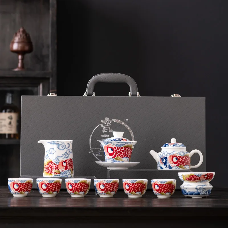 2024 New Golden Arowana High-End Full Color Sheep Fat Jade Tea Set Business Gift for Housewarming, Friends, and Leaders