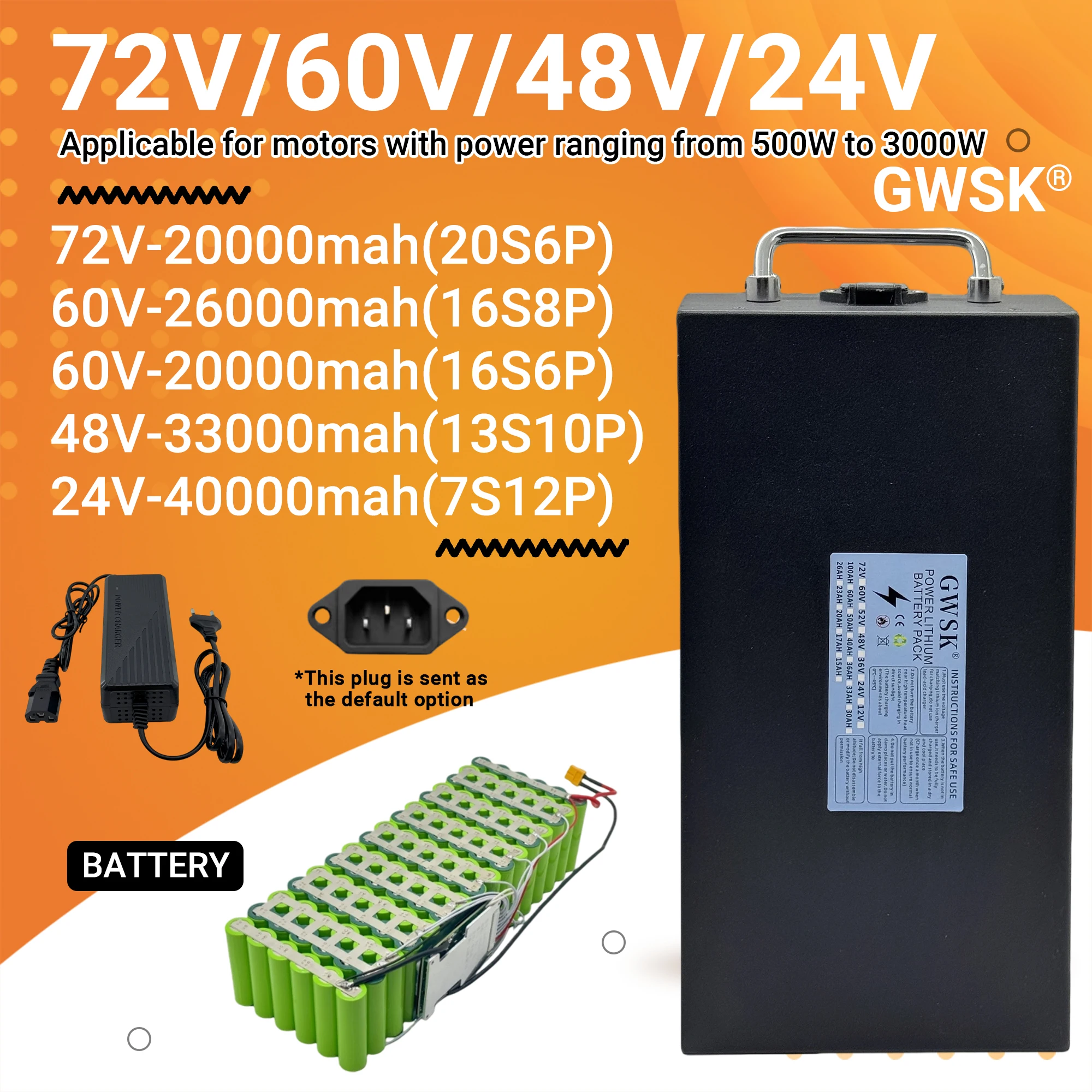 

Brand new high-capacity 18650 lithium-ion battery, 72V/60V/48V/24V, quality assurance, suitable for motors below 3000W