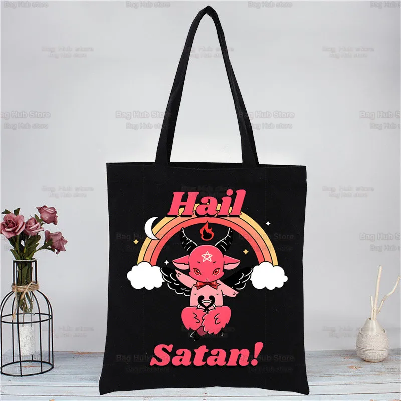 Baphomet Occult Goat Shopping Black Bags Canvas Tote Bag Reusable Satan Demon Ghost Cloth Bag Handbag Scary Evil Shoulder Bags