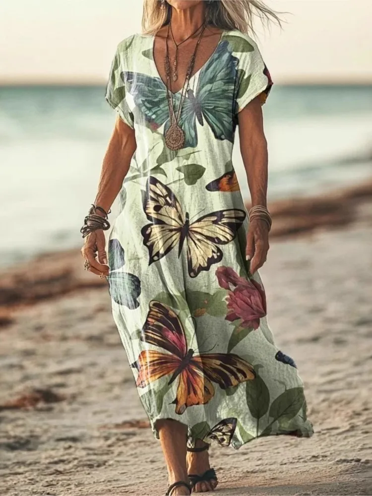 

2025 Summer Boho Print Loose Dress Women Casual V Neck Short Sleeve Long Dresses Fashion Vacation Beach Women's Dress Vestidos