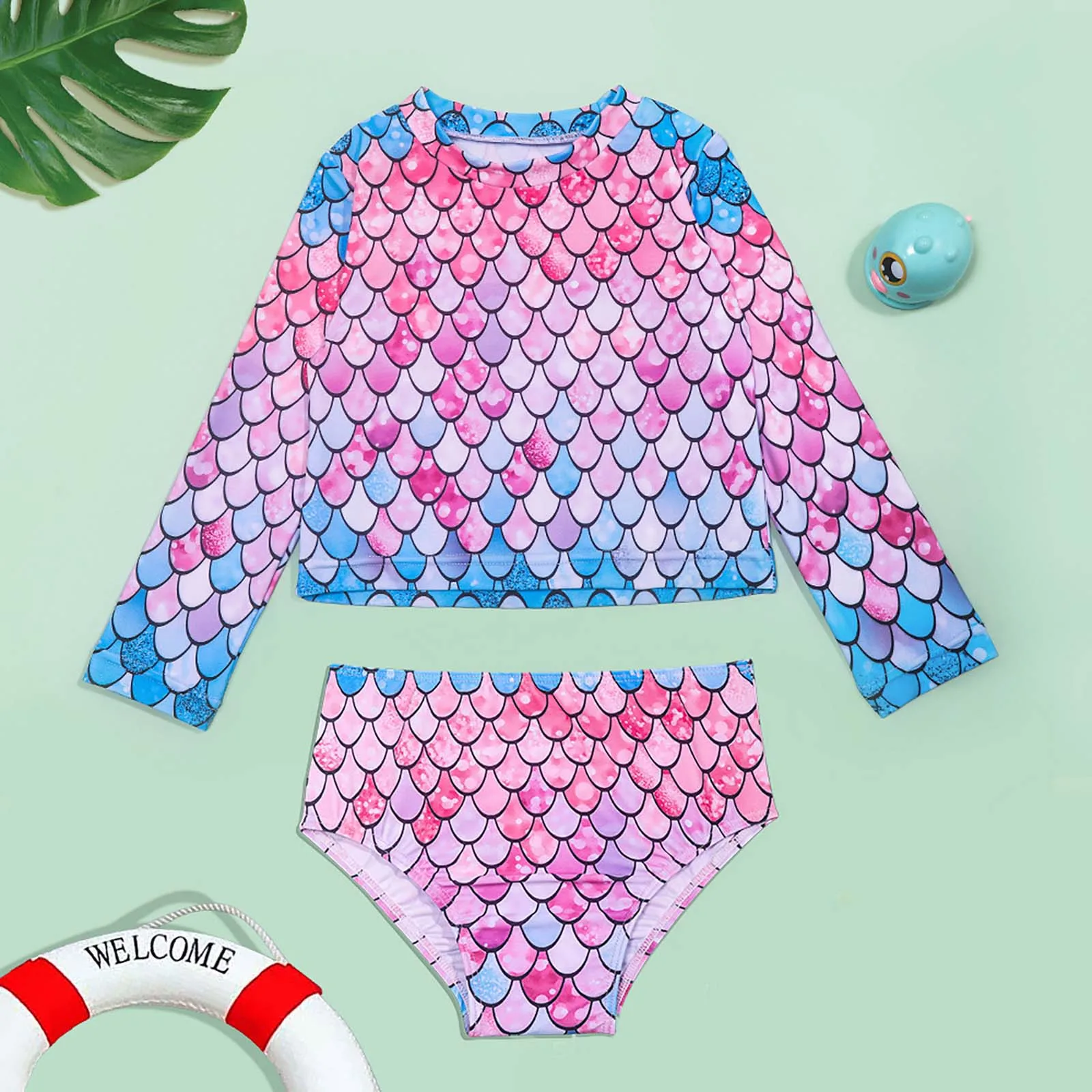 2Pcs Toddler Girls Fish Scales Print Mermaid Swimsuit Long Sleeve Swim Top with Swim Bottoms Hawaiian Beachwear Bathing Suit