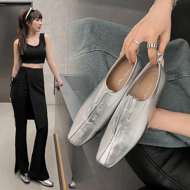 2024 New Arrival Soft Genuine Leather Women Heels Shoes Square Toe Comfortable Fashion Casual Low Heel Shoes Four Seasons Shoes