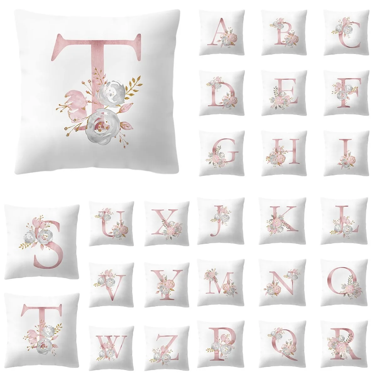 45X45 Pink A,B,C,D,E,F,G,H,I Letter Flower Printed Sofa Cushion Pillows Peach Skin Hand Pillowcases Home Decor Covers Cushion