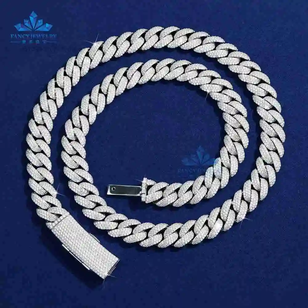

92.5% Silver Hip Hop Jewelry Classic Moissanite Cuban Chain 8mm-15mm Iced Instock Link Chain Pass Diamond Test Perfect Gift