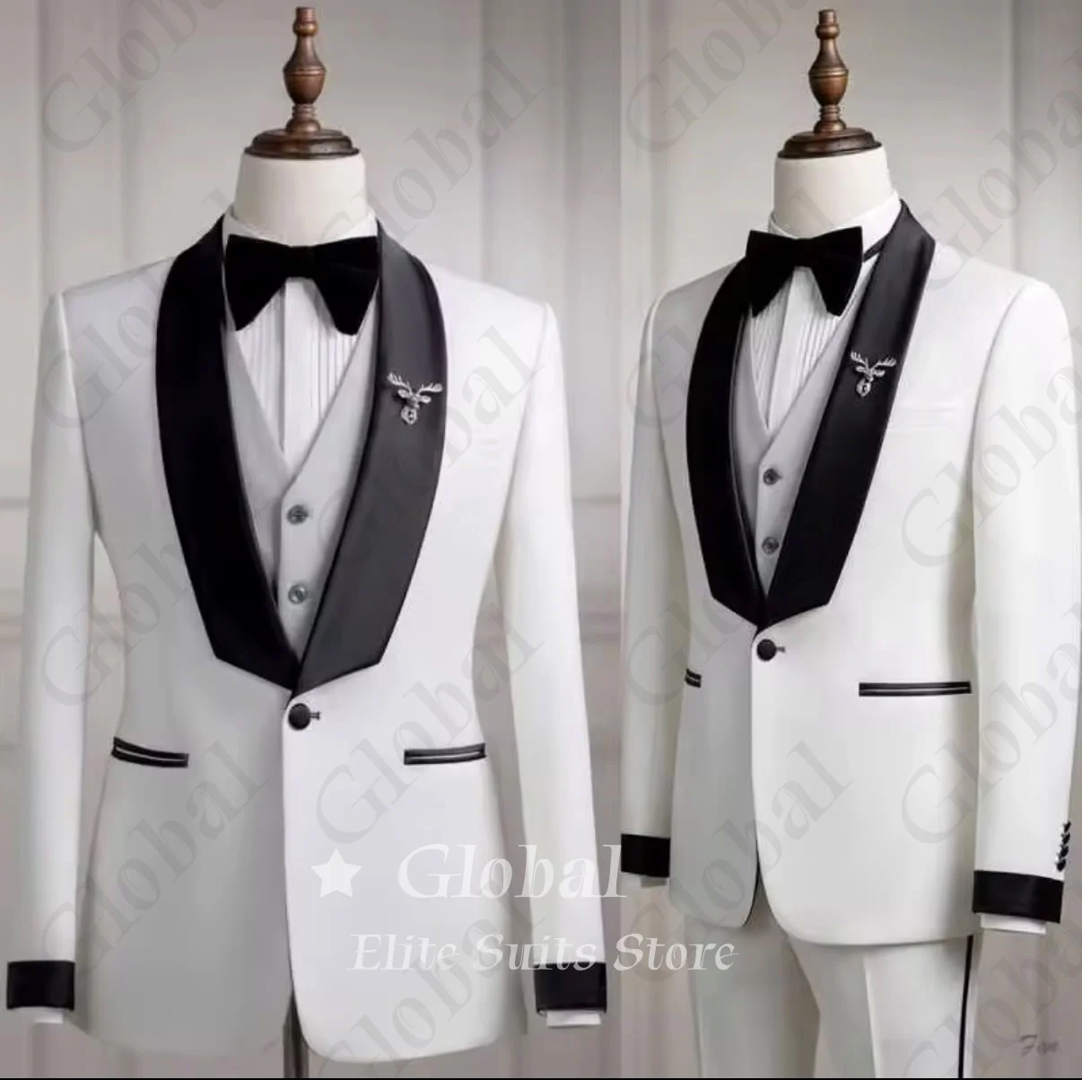 Men White Tuxedo 3 Piece Set Suits Satin Lapel Cuff Pocket Blazer Vest Pants Business Formal Wedding Groom Outfit Customized