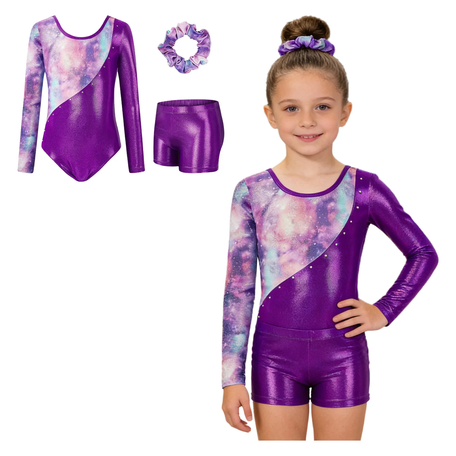 

3Pcs Kids Girls Metallic Gymnastics Leotards Long Sleeved Athletic Figure Skating Ballet Dance Performance Competition Costumes
