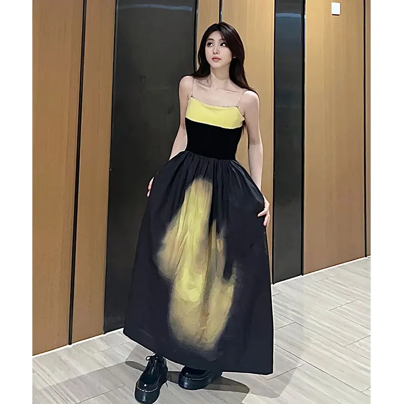 Summer Dress Cotton Print Wrap Chest Style Drawstring Dress with Exposed Collarbone Style