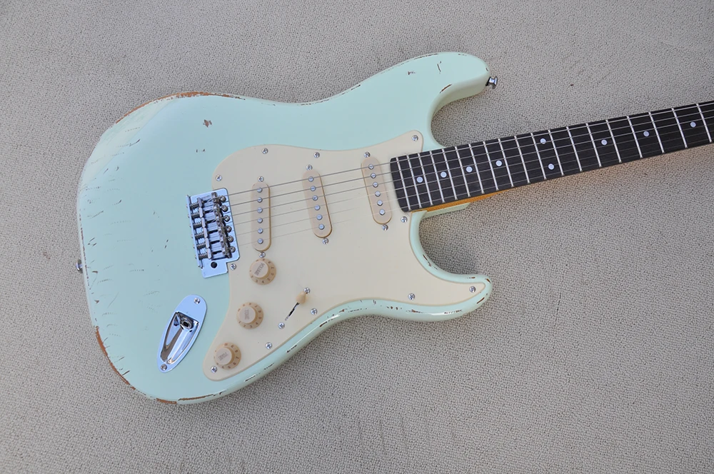 6 Strings Relic Light Blue Electric Guitar with Rosewood Fretboard,Customizable