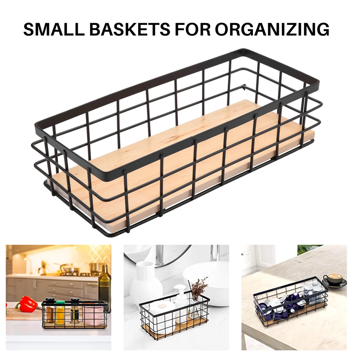 2Pack Metal Storage Basket with Wood Base,Decorative Baskets for Home Storage,Wire Basket for Organizing Small Tableware