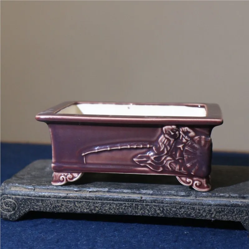 Relief Design Purple Clay Flower Pot Ceramic Bonsai Pot Rectangular Purple Horse Trough Pot Handmade Desktop Bonsai Flower Pot