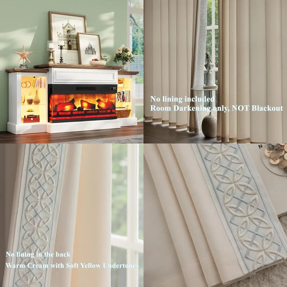 Rideaux élégants en coton et lin avec plis pincés et effet mémoire, bordure brodée, idéaux pour les salons chics – 2 panneaux