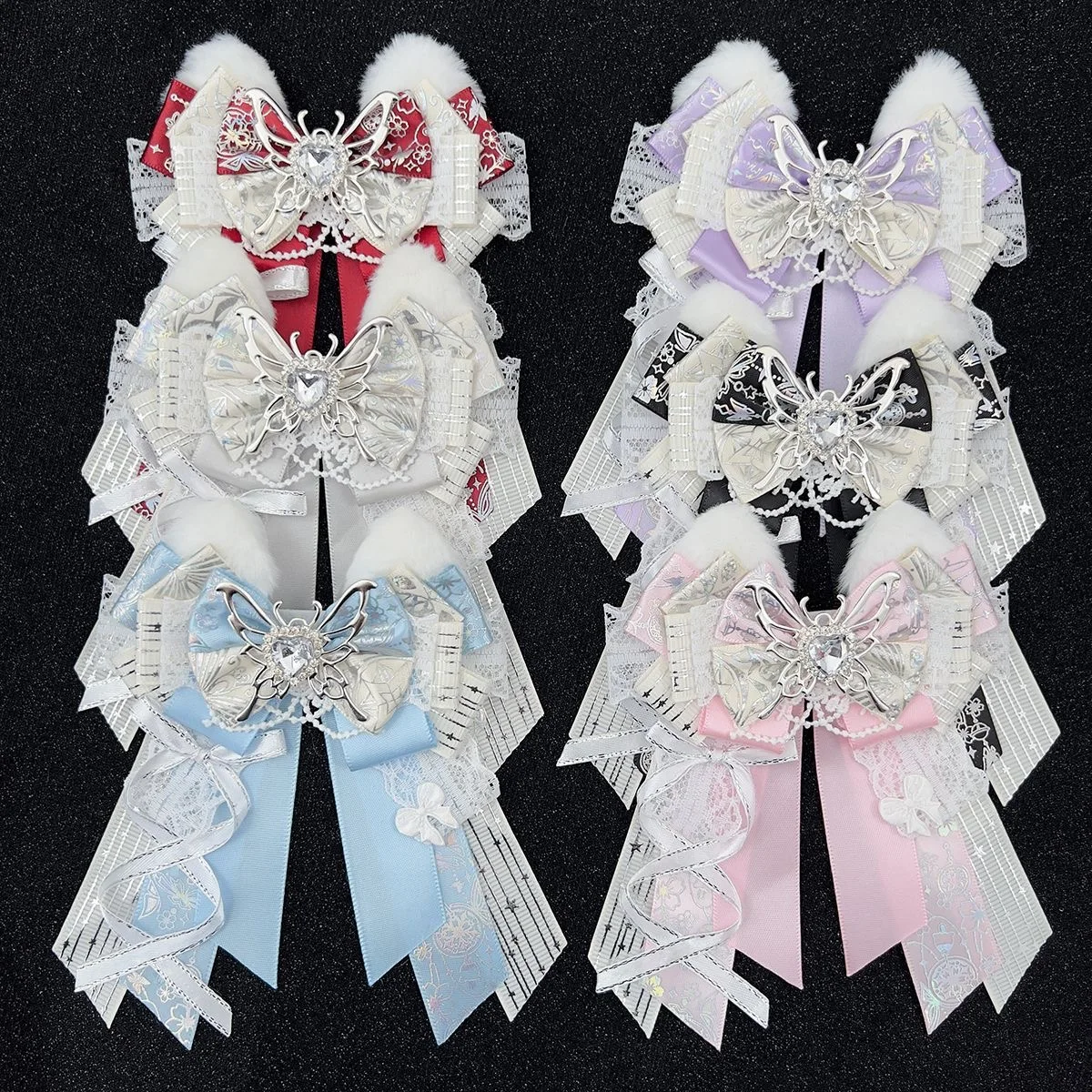 6 Colorful Cute Lace Rhinestone-Decorated Bow Brooches, Fake Bow Ties, Fan Club Support Sticks Decorations, Anime Lolita Cartoon Game Cosplay Decorations, Accessories for Decorating Bags and Backpacks