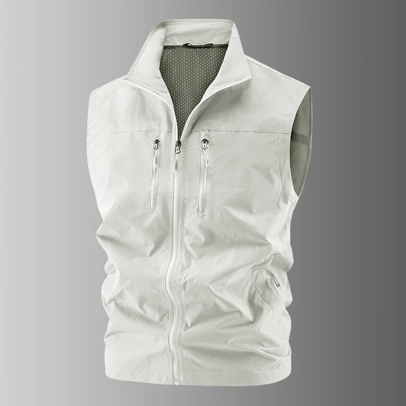 KIDWHXR Man Vest Simple Solid Stand Collar Zipper Men Casual Waistcoat Loose Sleeveless Breathable Outdoor Sport Male Vest