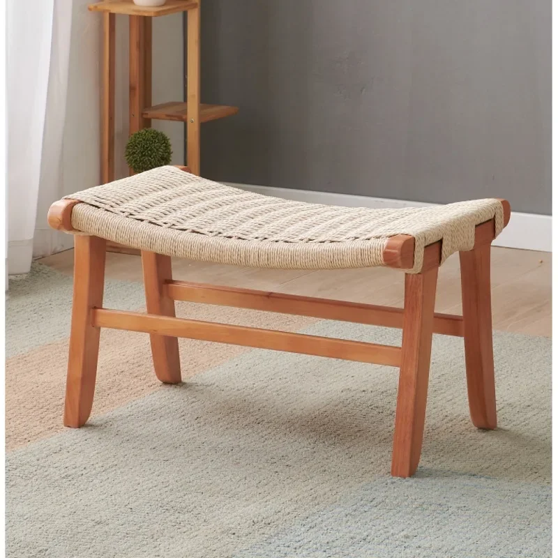 Nordic Modern Foot Seat Solid Wood Rope Weaving Shoe Bench Multi Functional Bed End Stool Stable Load Bearing Hallway Ottoman
