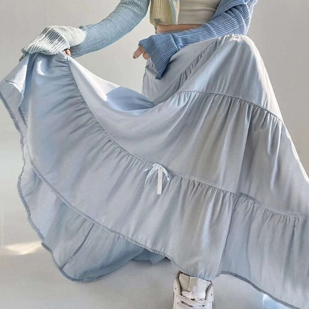 Bowknot Tiered Midi Skirt Hight Waist Solid Color Long Cake A-line Skirts Chic Pleated Seven Point Long Dress Solid Color