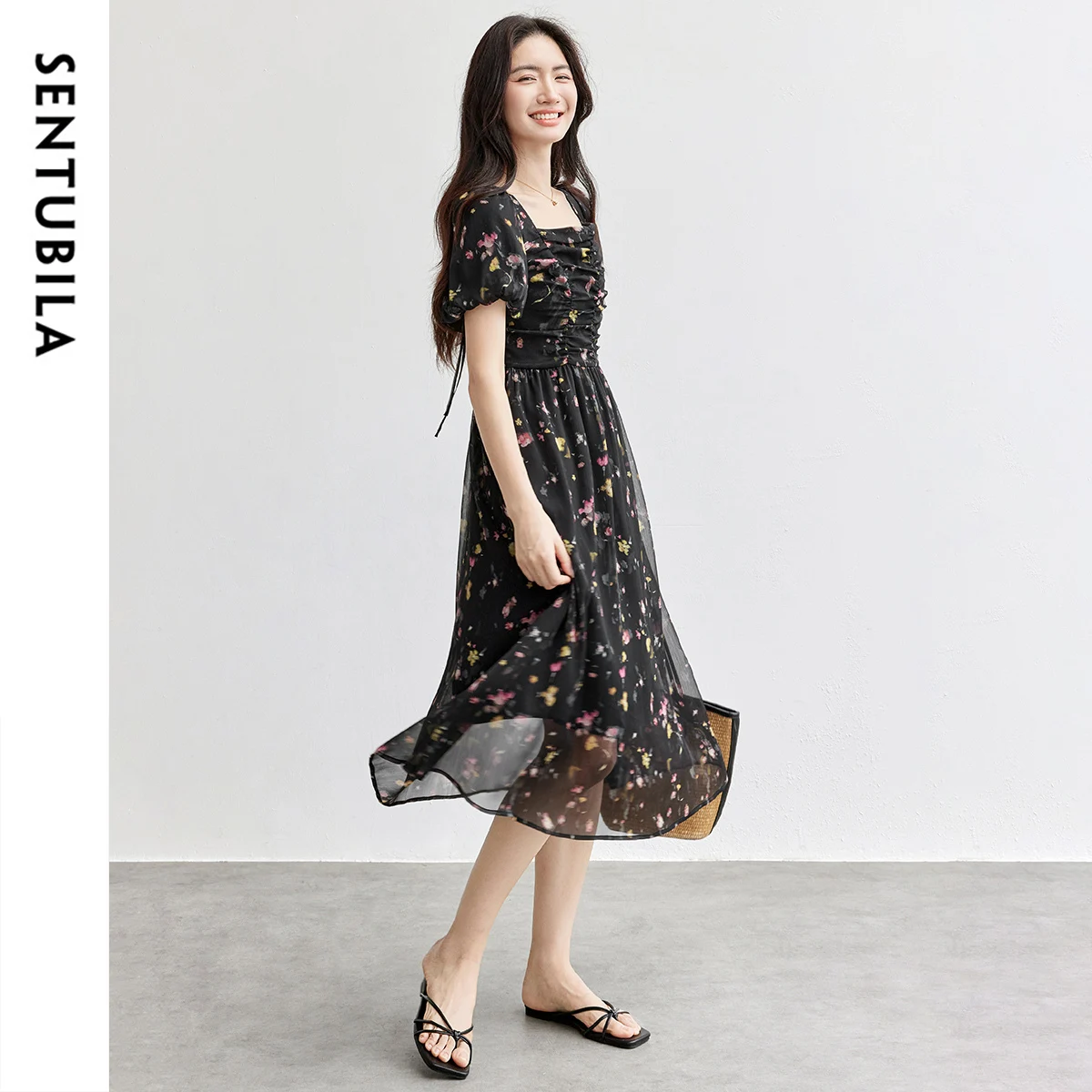 

SENTUBILA Woman Summer Dresses Sweet Puff Sleeve Square Collar Midi Dresses Pleated Print Design Elastic Waist Dress 152LO1632
