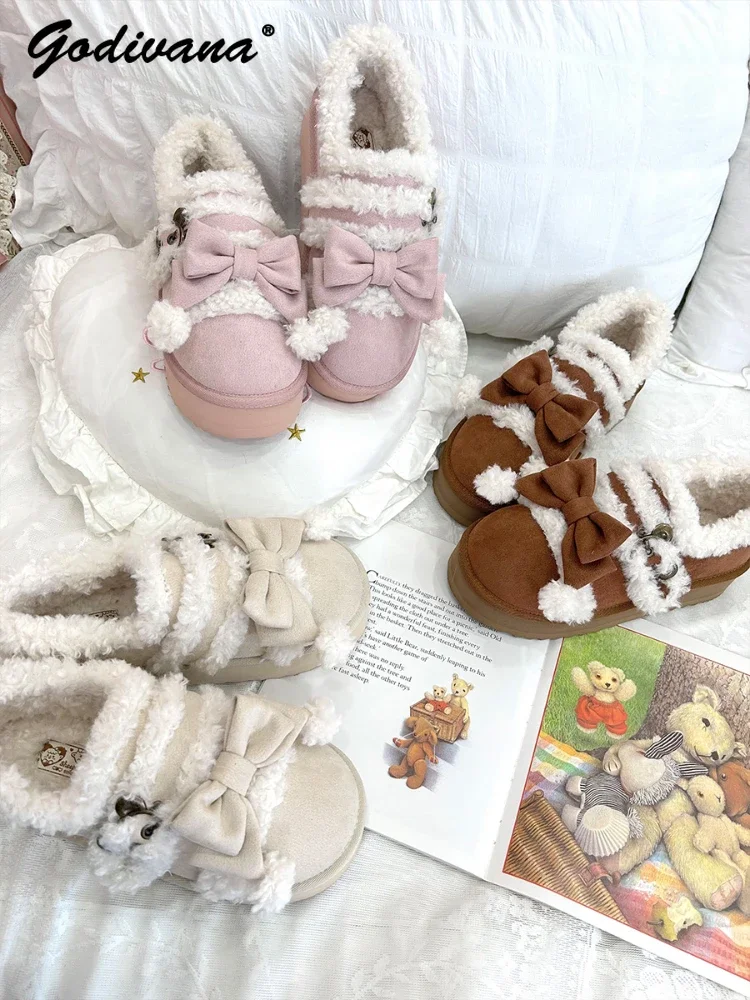 

New Winter Lolita Fleece Cute Low Top Snow Boots Girl Women's Warm Short Boots Sweet Platform Suede Shoes