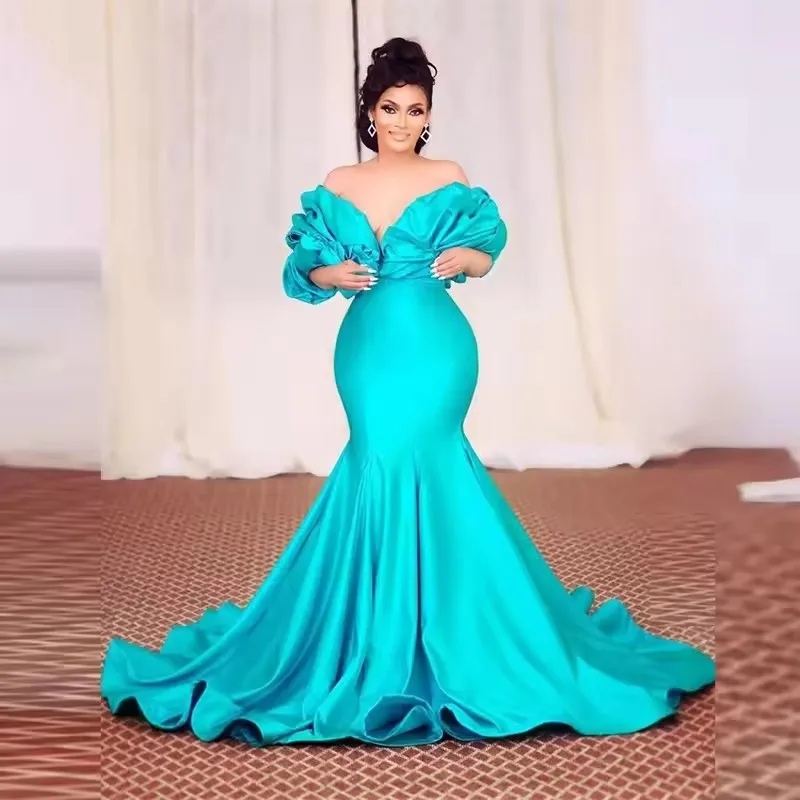 

Graceful Blue Off The Shoulder Prom Dresses Saudi Arabic Ruffles Sleeves Evening Gowns Satin Sweep Train Formal Party Dress