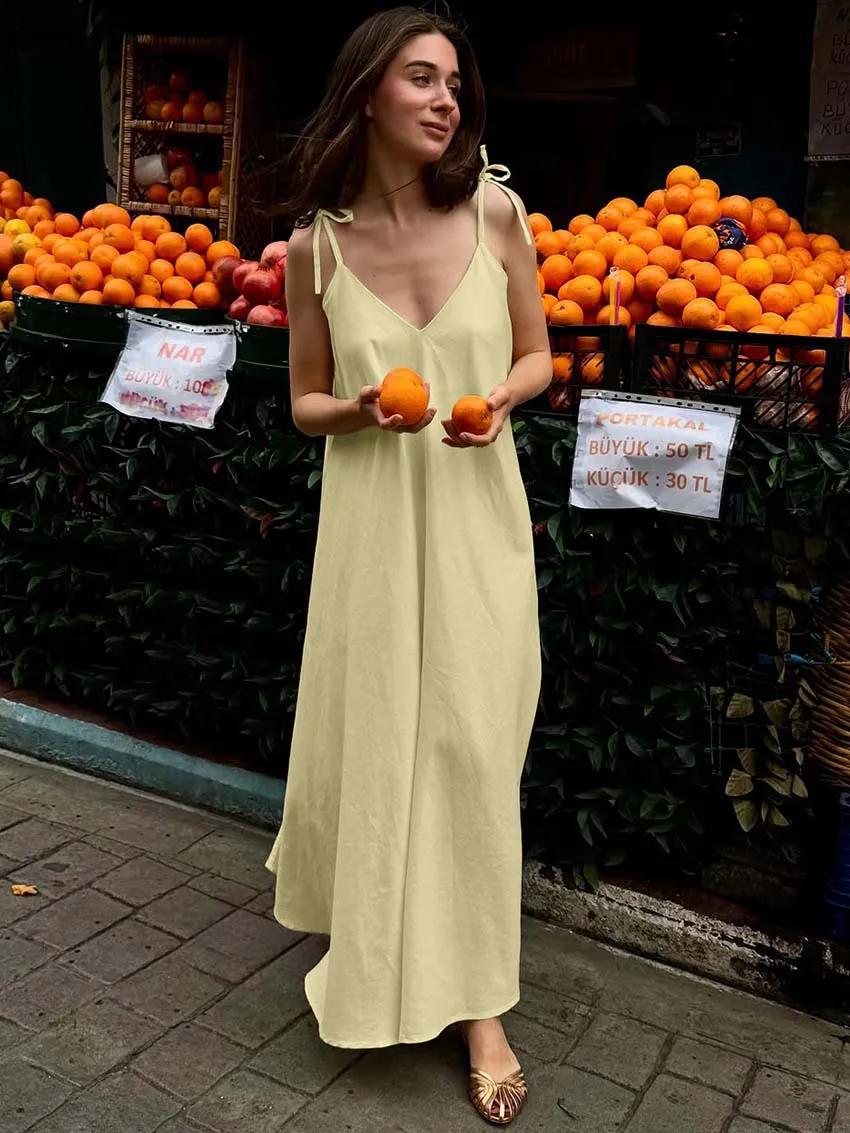 

Oymimi Fashion Yellow Cotton Womens Dresses Elegant Spaghetti Strap Open Back Loose Dresses Autumn New Solid Floor-Length Dress