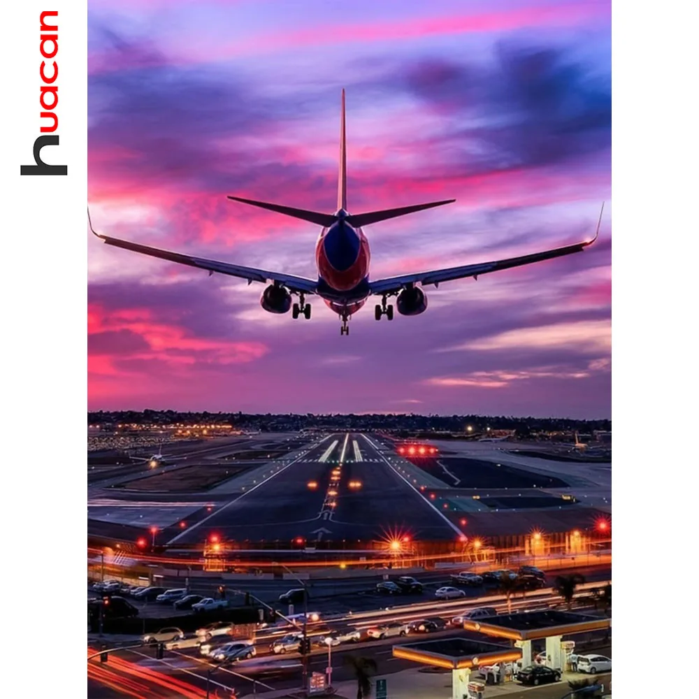 Huacan Flugzeug-Diamantmalerei-Set, vollständig rund und quadratisch bestickt, Landschaftsmotiv, Neuheiten, Strass-Bild