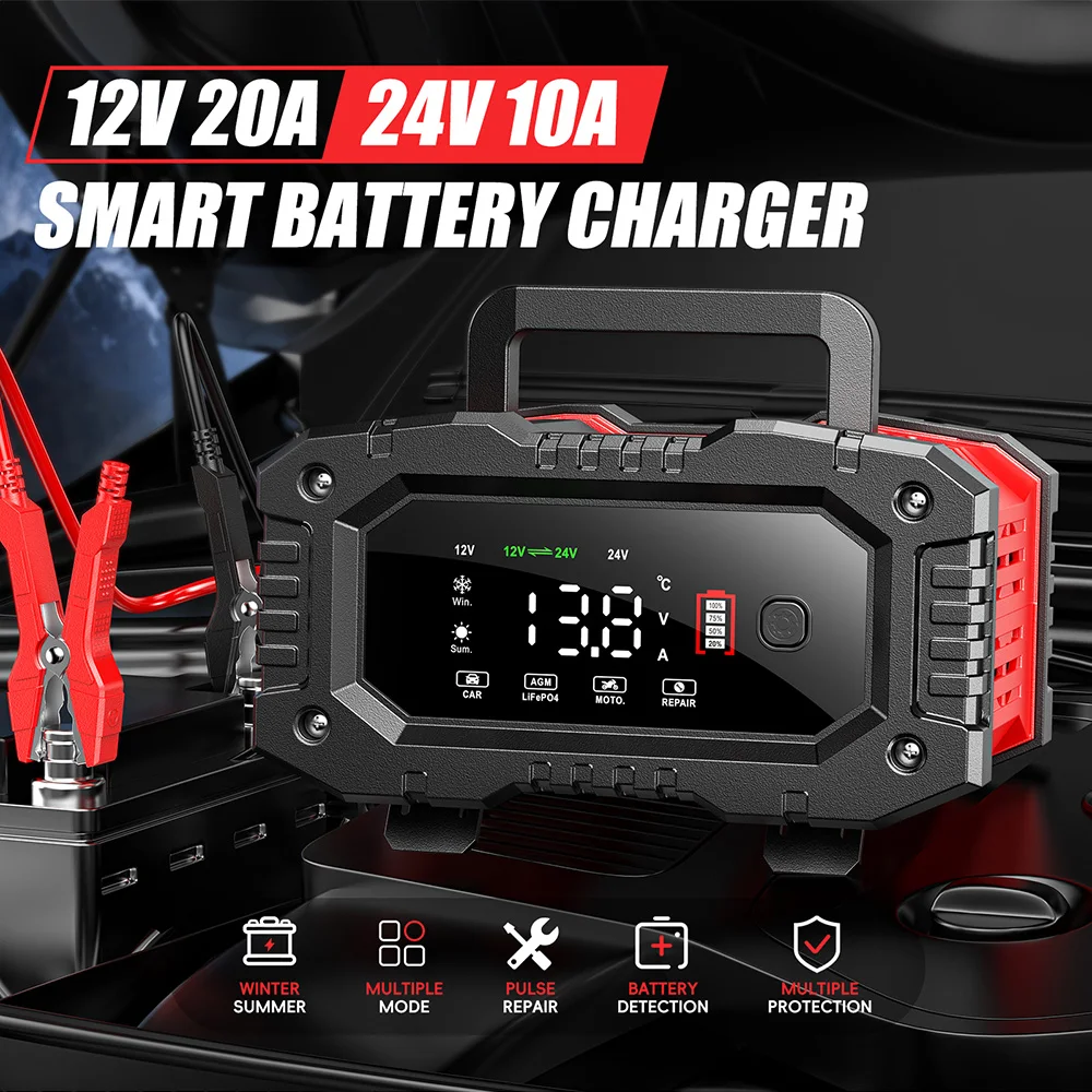 FOXSUR 12V/20A 24V/10A Smart Battery Charger Pulse Repair for Car Motorcycle Lead-Acid AGM LiFePO4 GEL EFB Battery Chargers