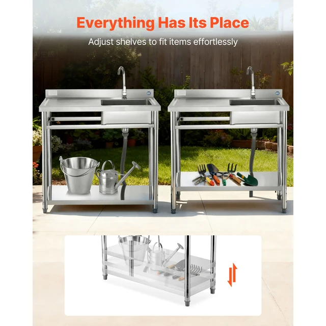 SucceBuy Stainless Steel Utility Sink 39.4/47 x 19.7 x 37 in Commercial Kitchen Sink with Hot & Cold Water Pipe for Restaurant 3