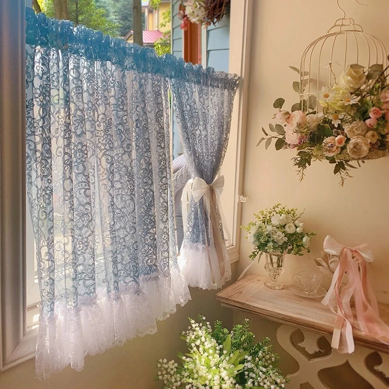 Blue Floral Rose Lace Window Curtains Valances for Bathroom Lace Floral Kitchen Semi Sheer Lace Curtain Valance for Small Window