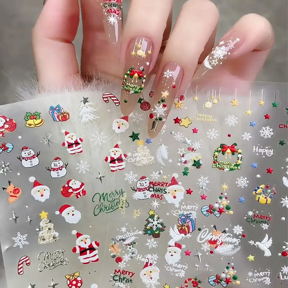 1개 귀여운 산타클로스 눈사람 리스 5D 엠보싱 크리스마스 네일 아트 스티커 크리스마스 트리 눈송이 네일 데칼 DIY 네일 용품