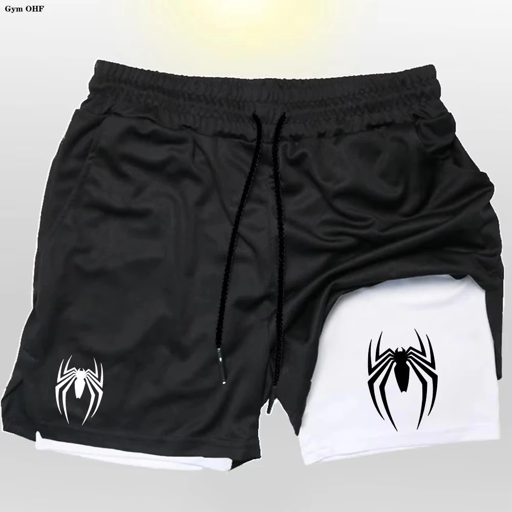 Spider Print Sport Shorts Men Sportswear Double-Deck Running 2 In 1 Beach Bottoms Summer Gym Fitness Training Short Pants 936