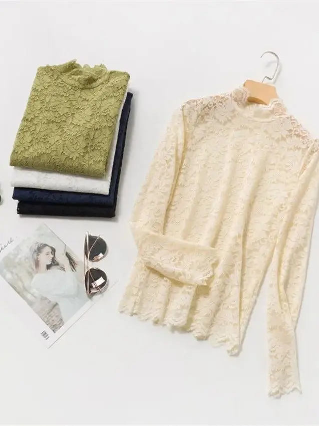 

Осенне-зимняя женская блузка больших размеров с длинным рукавом, приталенная, из синтетического волокна, А-силуэт, с кружевом