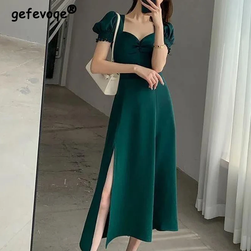 Women Sexy High Waist Split Vintage Elegant Party Dresses 2023 Summer Fashion V-Neck Short Sleeve Solid Slim Midi Dress Vestidos