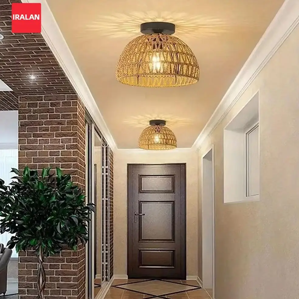 Hand Woven Natural Rattan Ceiling Lampshade  Retro style  Corridor Study Office Home Decor Chandelier Shade(Bulb not Included)