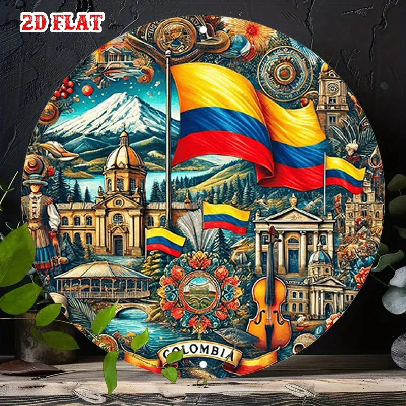 2D Flat - Round Aluminum Sign Featuring a 2D Flat Mountain Scene, Traditional Music Cultural Symbols, And Colombia Flag Design.