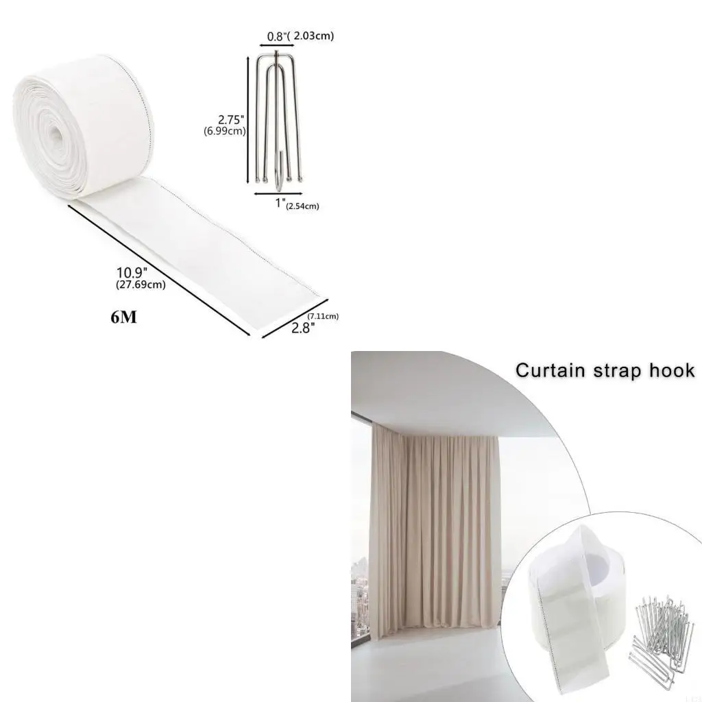 L43A Curtain Pleat Tape with 15Pcs 4 Prongs Curtain Hooks for Home Decors Projects
