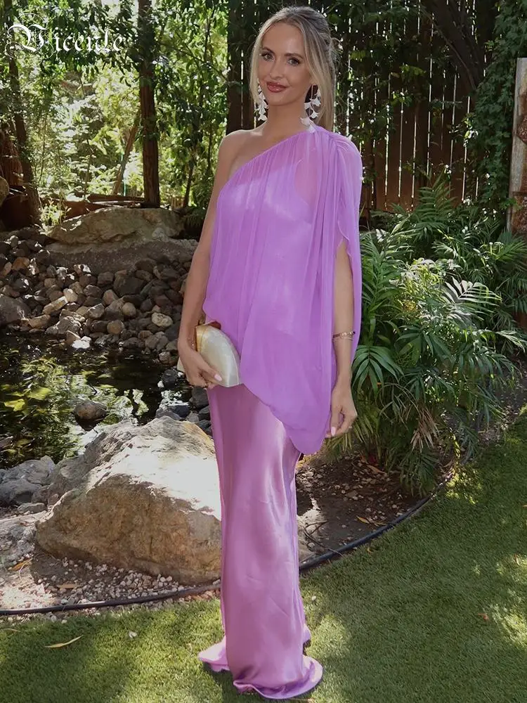 VC Women One Shoulder Chiffon Maxi Dress Elegant Gradient Pink Purple Dress Draped Pleated Satin Patchwork Bodycon Long Gown