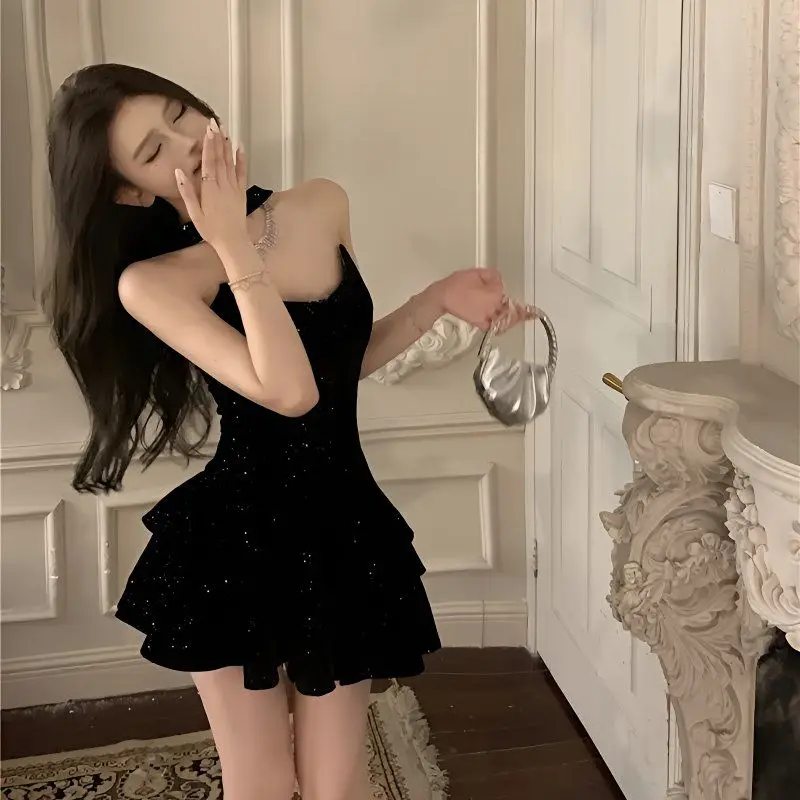 

Exquisite Broken Velvet Fluffy Short Dress Spring Summer Niche Design Light Luxury Tube Top Off-The-Shoulder High-Grade Skirt
