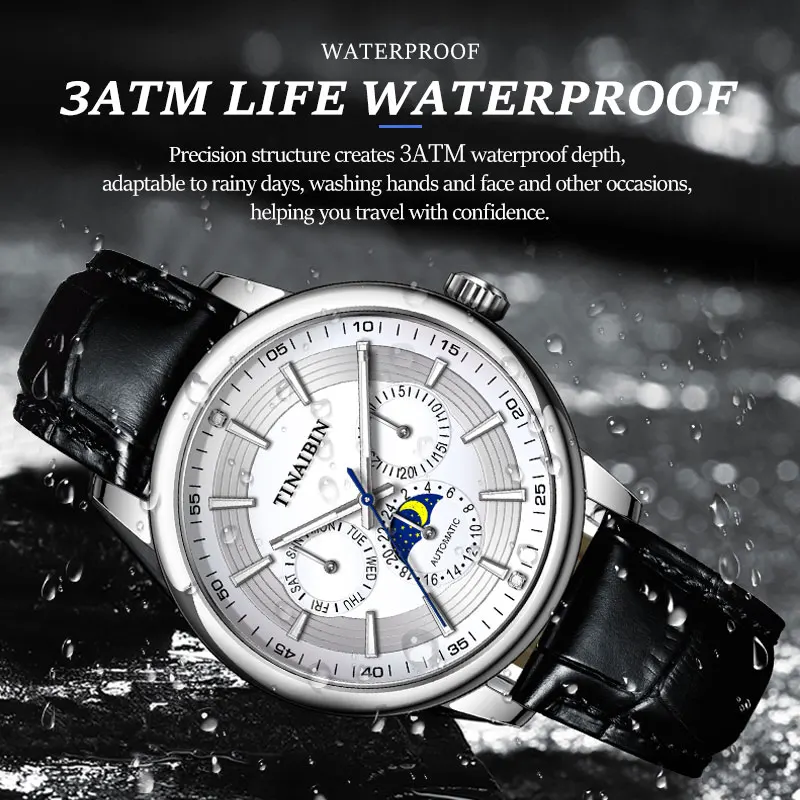 

Mens Mechanical Watch Studded Diamond Fashion Six hands Three Eyes Multifunction Luminous Leather Strap