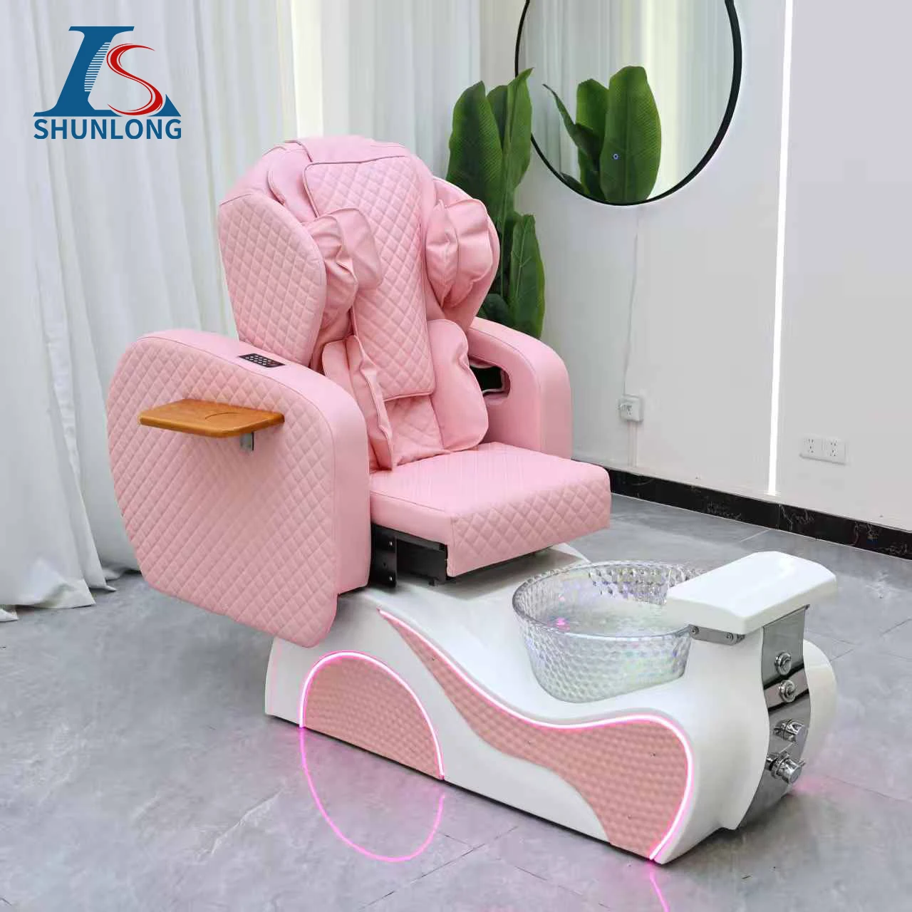 Pink Pedicure Chair with LED Light, Electric Reclining Spa Massage Foot Chair, Nail Salon Manicure Pedicure Sofa with Crystal Fo