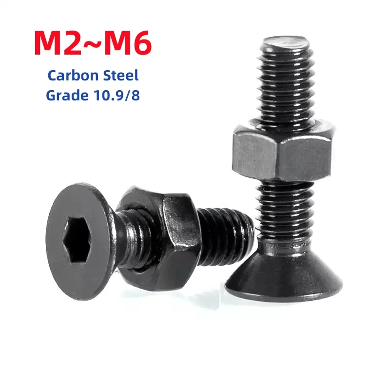 M2 M2.5 M3 M4 M5 M6 Grade 10.8/Grade 8 Black Carbon Steel Hexagon Hex Socket Flat Countersunk Head Screws Nuts Combination Set
