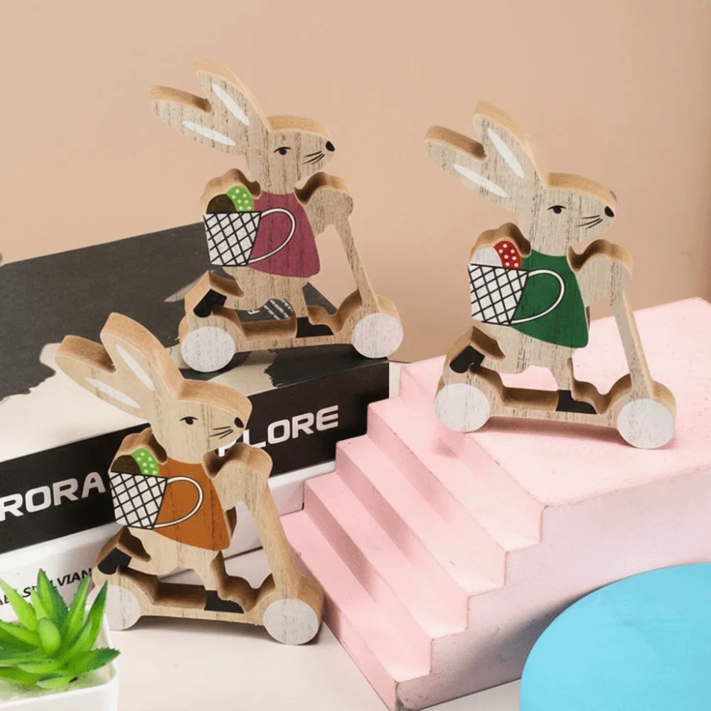 

Happy Easter Wooden Material Easter Decoration DIY Crafts Long-Eared Rabbit Desk Decor Cartoon Design Party Gift Living Room