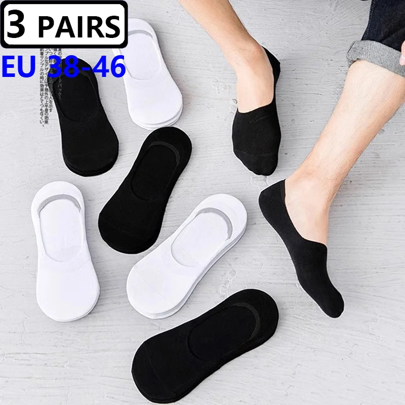 3 Pairs Large Big Size 45,46 Summer Mens Cotton Invisible Boat Socks Silicone Anti Slip Shallow Mouth Breathable Deodorant Socks