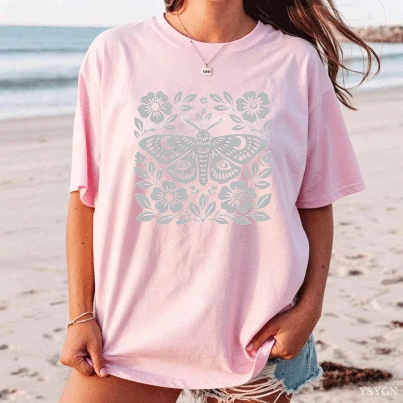 Boho Cottagecore T Shirts Moth Block Print Tshirts Casual Round Neck Printed T-shirt Cotton Short Sleeve Tees Streetwear